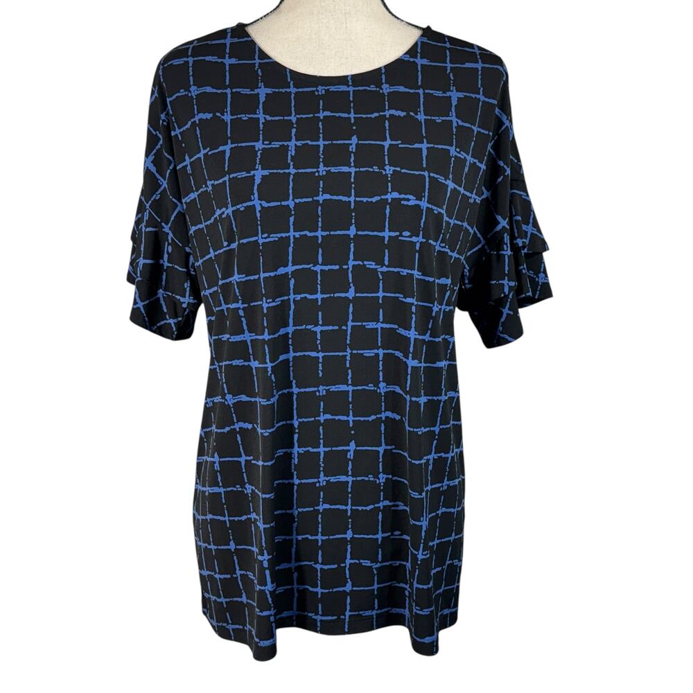Christopher & Banks Large Top Geometric Stretch Short Ruffled Sleeve Round Neck